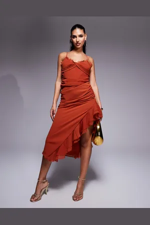 ASOS Draped crinkle maxi dress with ruffles and strappy details in rust