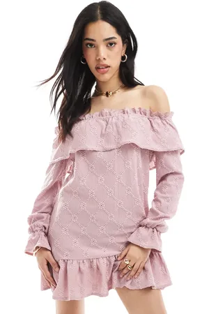 Miss Selfridge Textured jersey ruffle bardot mini dress in pink
