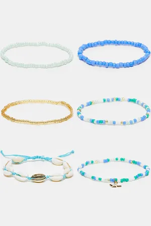 DesignB London Pack of 6 beaded and shell bracelets with starfish charm in blue and gold