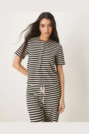 VILA Textured knitted stripe short sleeve button down top co-ord in and cream
