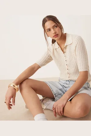 AWARE Fine knit polo top in cream