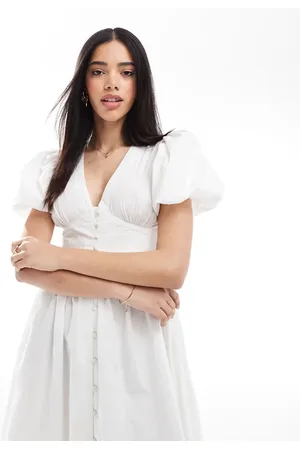South Beach Puff sleeve button detail midi dress in