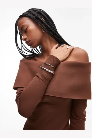 Topshop Deep bardot knitted top in brown