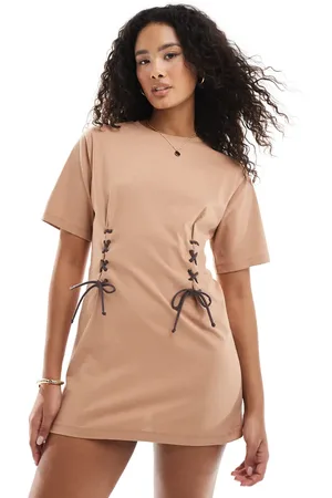 Miss Selfridge Corset tie detail t-shirt dress in mocha