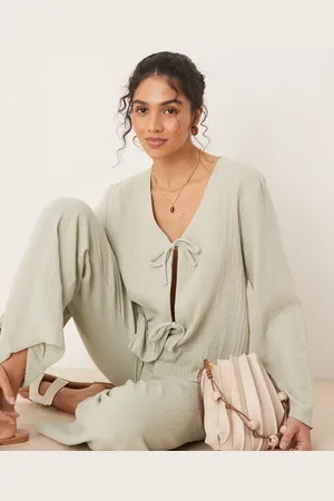 JDY Tie front cheesecloth shirt co-ord in sage