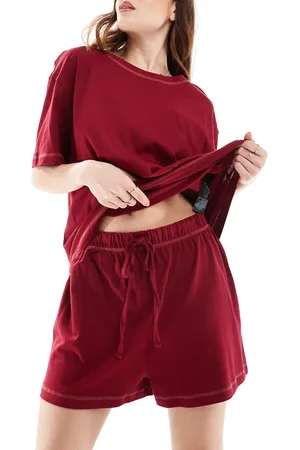 ASOS Oversized tee & short pyjama set in burgundy with contrast stitch