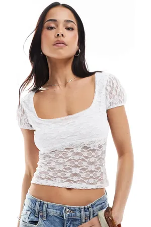 Miss Selfridge Lace cap sleeve bow detail top in white