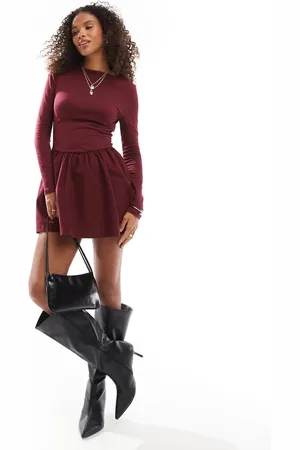 ASOS Low back long sleeve poplin mix skater dress in burgundy