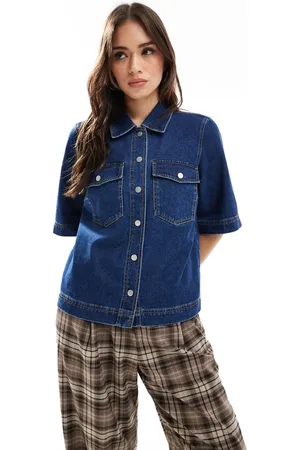 ONLY Short sleeve boxy denim shirt in indigo wash