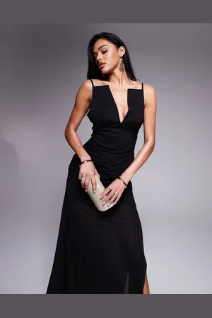ASOS Sharp neckline scuba maxi dress with stretch chiffon overlay in