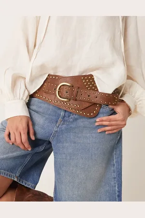 ASOS Low waist wide belt with stud detail in tan