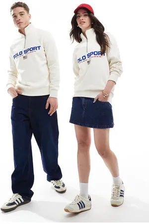 Ralph Lauren Sport capsule unisex large flag chest logo half zip sweatshirt in cream