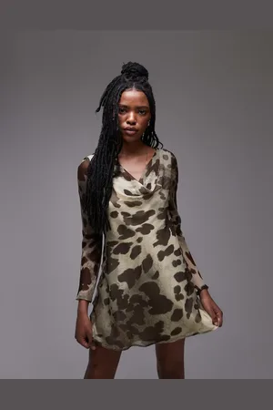 Topshop Long sleeve cowl neck mini tea dress in blurred animal