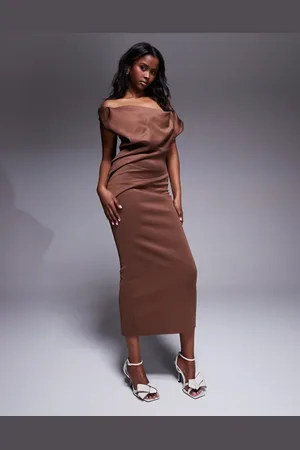 ASOS Scuba pleated fallen shoulder midaxi dress with asymmetric back in chocolate