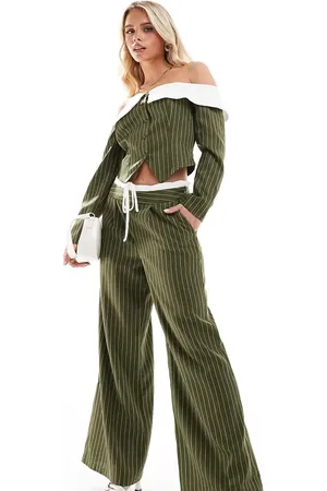 Extro & Vert Petite Drawstring tailored trousers in khaki stripe co-ord