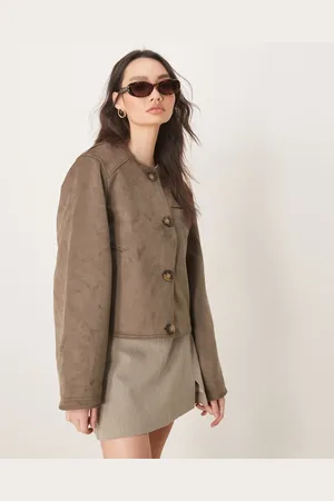 ASOS Collarless faux suede jacket in mushroom
