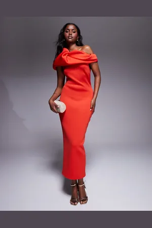 ASOS Scuba structured puff sleeve bandeau midi dress in