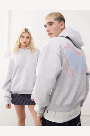 Reclaimed Unisex cropped boxy hoodie with fisherman print in marl