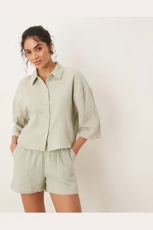 JDY Cropped cheesecloth shirt co-ord in sage