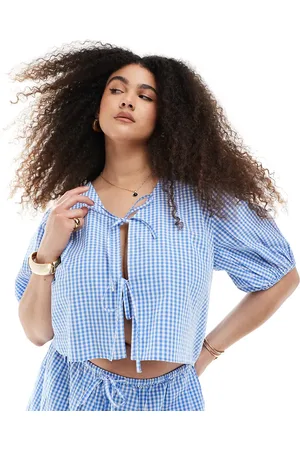 Esmée Exclusive tie front puff sleeve beach top in blue and white gingham