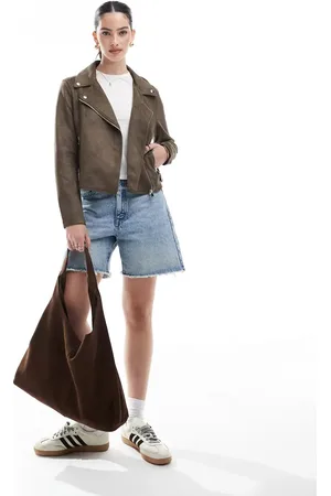 VERO MODA Faux leather biker jacket with washed effect in chocolate