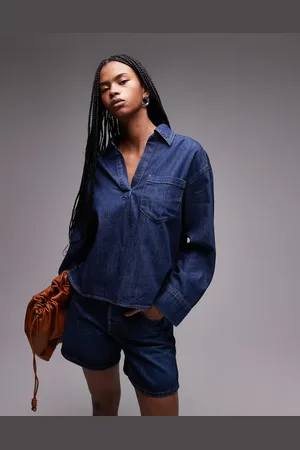 MANGO Open neck denim overshirt in dark