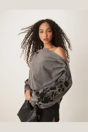 ASOS Off the shoulder sweat with embroidery in washed black