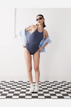 Weekday Halter neck shiny swimsuit with open back tie detail in dusty