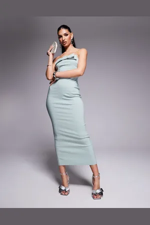 Vesper Bengaline bandeau bow detail bodycon midaxi dress in sage