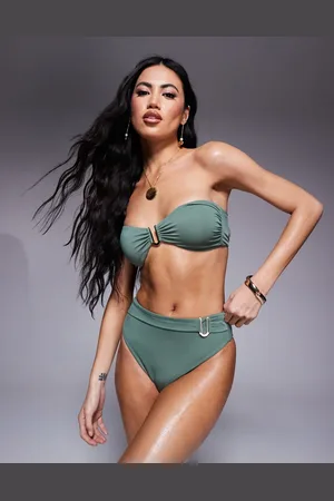 ASOS Ella high waist bikini bottom with gold trim in khaki