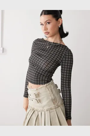 Reclaimed Slash neck long sleeve top in mini check print