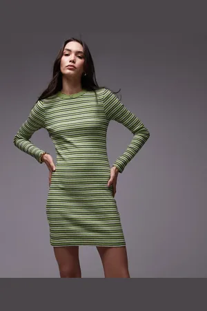 Topshop Stripe long sleeve mini dress in green