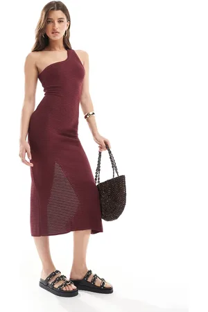 Bershka One shoulder knitted maxi dress in burgundy