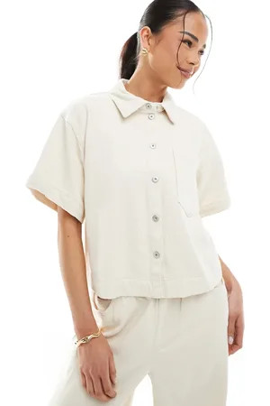 Pieces® Textured twill short sleeve boxy shirt co-ord in raw cotton cream