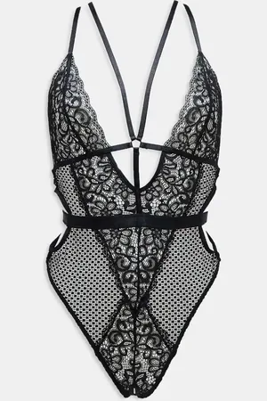 Ann Summers Obsession lace and fishnet plunge front crotchless bodysuit with strapping detail in