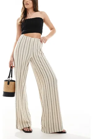 Bershka Crinkle wide leg trousers in ecru stripe