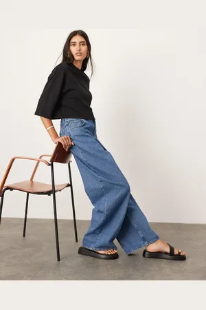 ASOS Dusty denim wide leg jean with elasticated back waist in mid blue