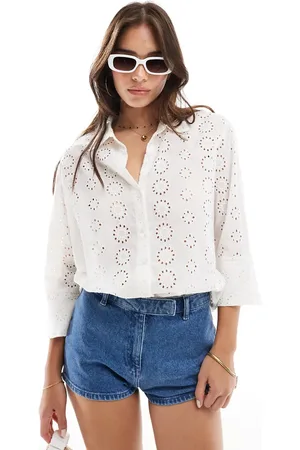 JDY Pointelle 3/4 sleeve shirt in off