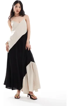 Pretty Lavish Asymmetric block stripe midaxi dress in stone