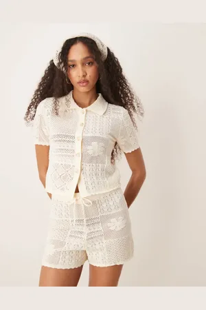 ASOS ASOS DEISGN knitted stitch collar shirt co-ord in cream