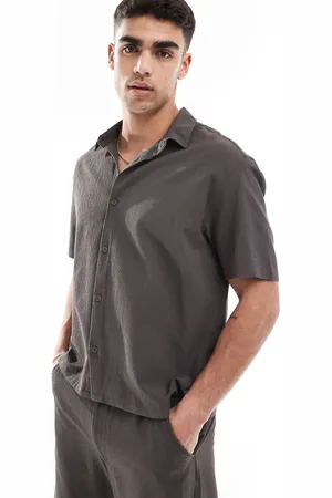 Bershka Plisse co-ord shirt in charcoal