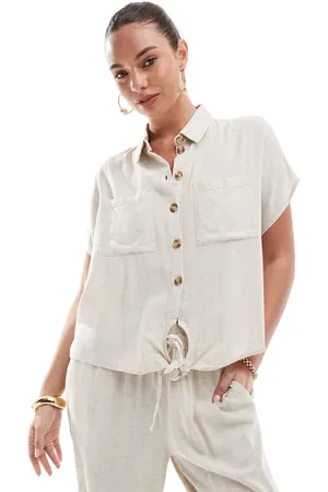 Pieces® Tie front linen blend shirt co-ord in cream