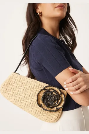 ASOS Straw asymmetric shoulder bag with contrast stitch flower corsage in neutral