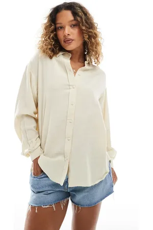 Stradivarius Linen look long sleeve shirt in oatmeal