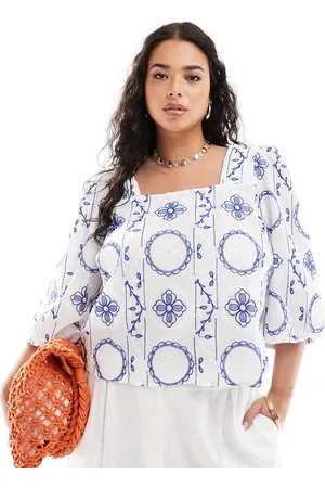 ONLY Cropped embroidered woven top with tie back in