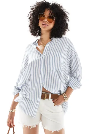 Pull&Bear Oversized linen look shirt in stripe