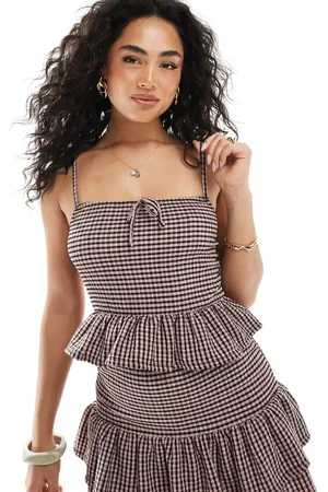 Miss Selfridge Crinkle gingham frill top in dusty pink