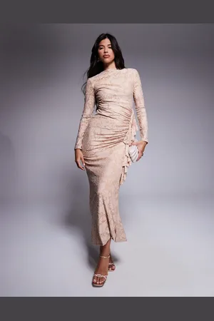 DASKA Ruched floral velvet dress in stone