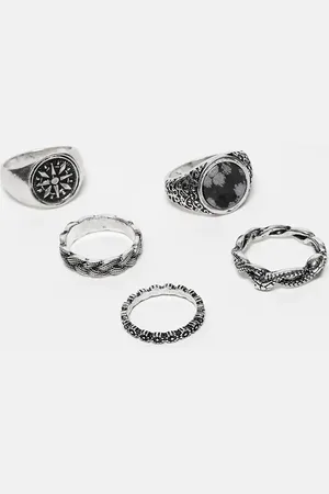 ASOS 5 pack signet rings with black stone and compass in burnished tone