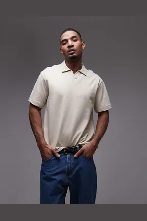 Topman Heavyweight boxy fit revere polo in stone
